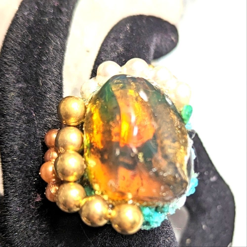 Wendy Gell Ring, Real Amber, Gold Beads, Turquoise And Pearls Surrounding It.